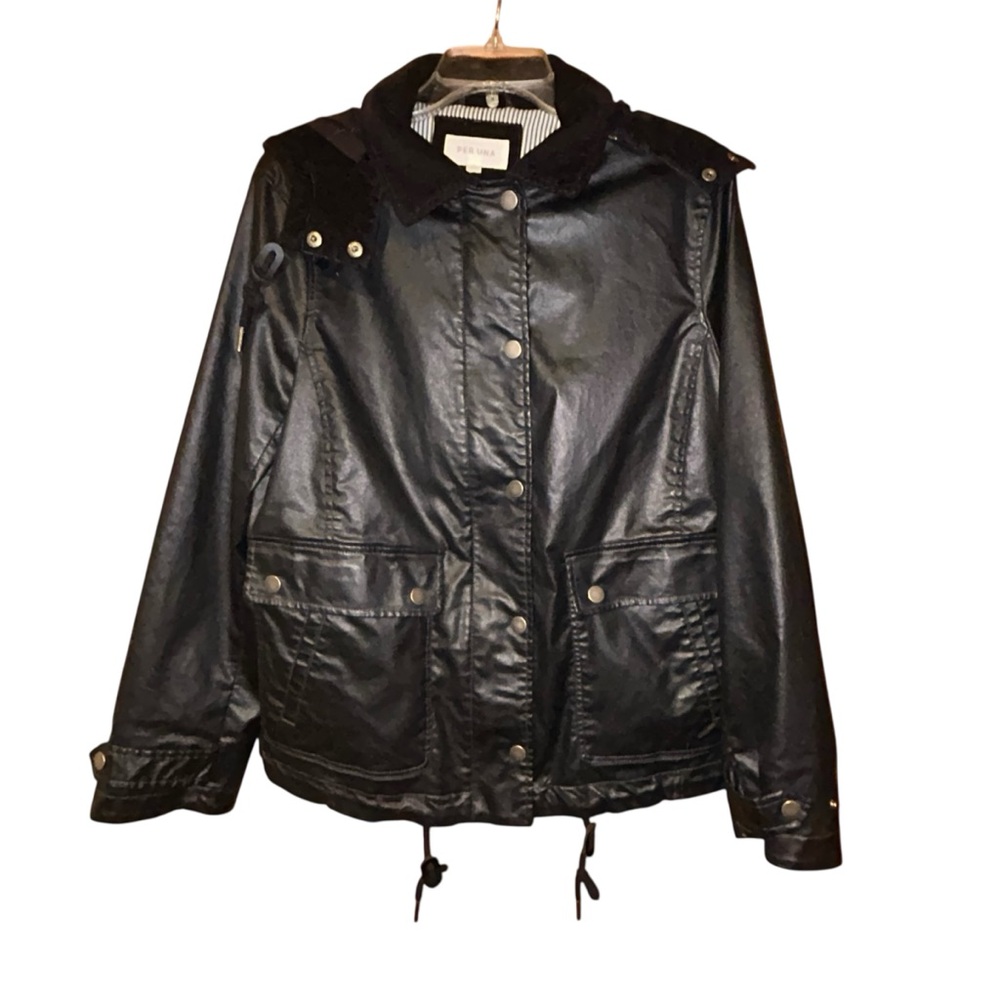 Per Una Womens Black Waxed Cotton Jacket Coat 12 Hooded Utility Moto